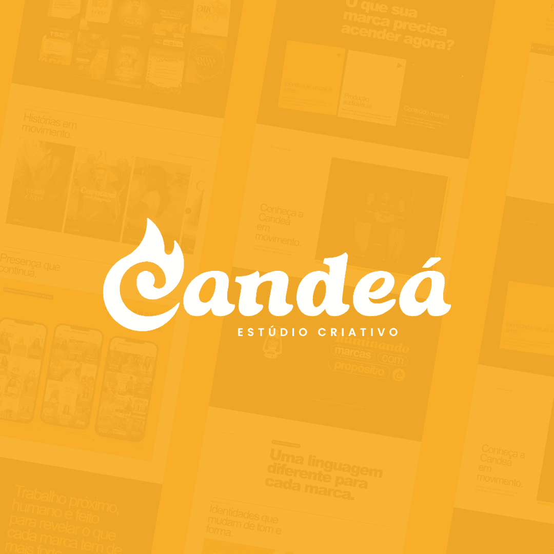 Identidade visual da Candeá sobre uma colagem de trabalhos
