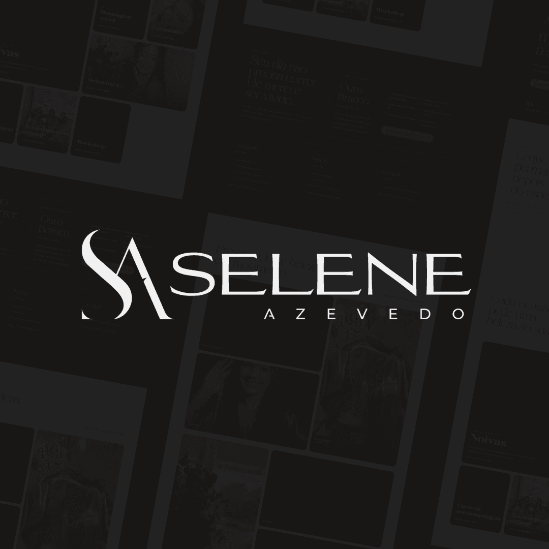 Identidade visual de Selene Azevedo sobre uma colagem de trabalhos